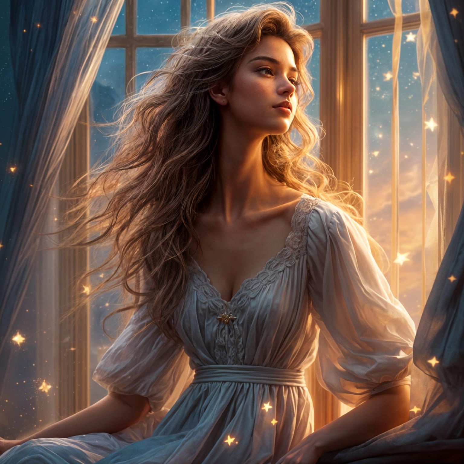 Fantasy Girl Wishes on a Starry Night