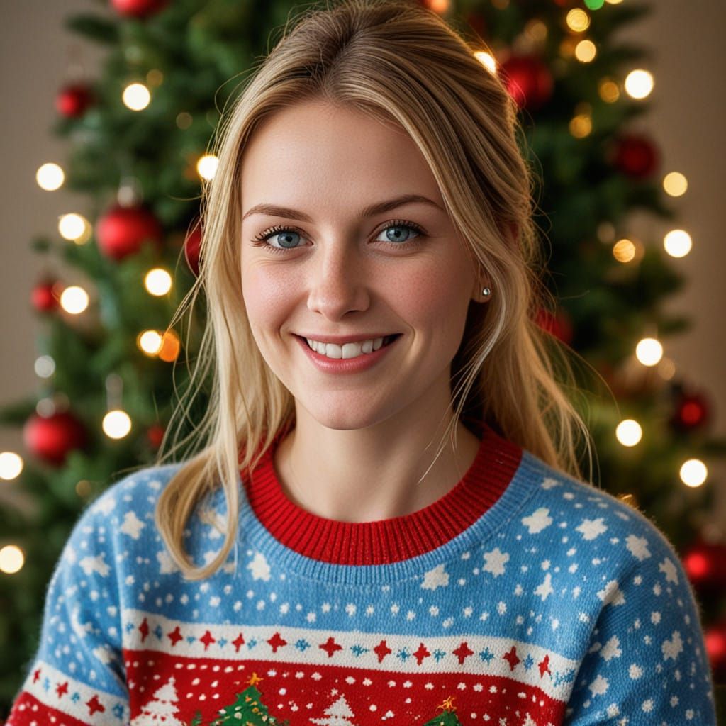 Beautiful Woman in Polka Dot Plaid Christmas Sweater