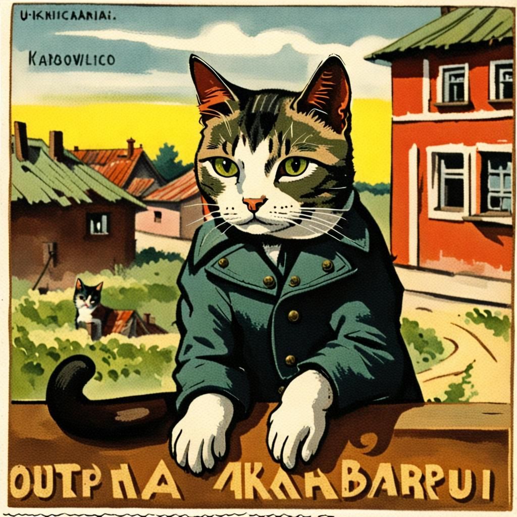 Vintage Postcard of Cat in War-Torn Ukraine
