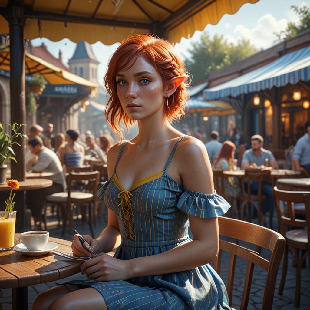Elf Waitress in Sun-Drenched Ukrainian Cafe