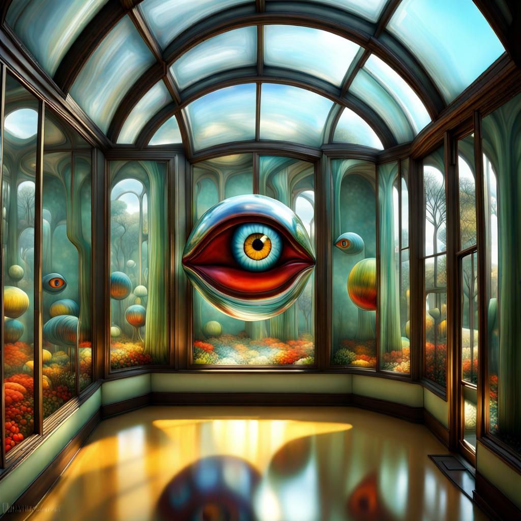 Surreal Glass House with Eyes: Hyperrealistic Concept Art