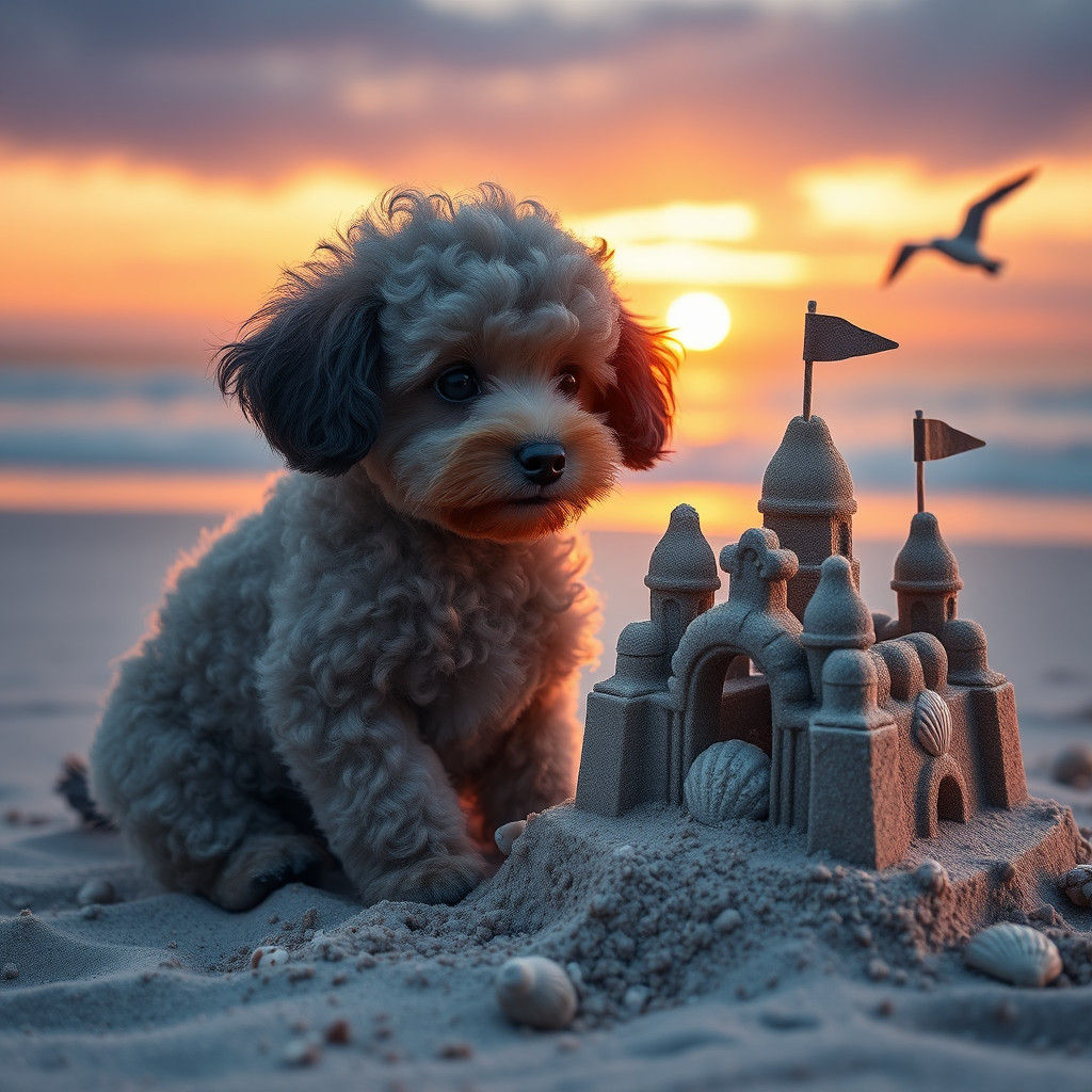 Poodle and Sandcastle at Dawn: Dreamlike Concept Art