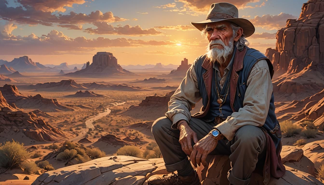 Grumpy Old Man at Desert Sunset, Hyperdetailed Portrait