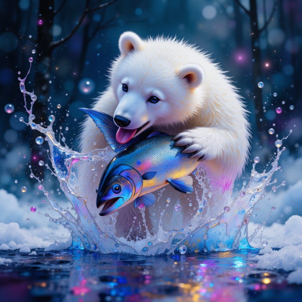 Polar Bear Cub Catches Salmon with Neon Glitch Background