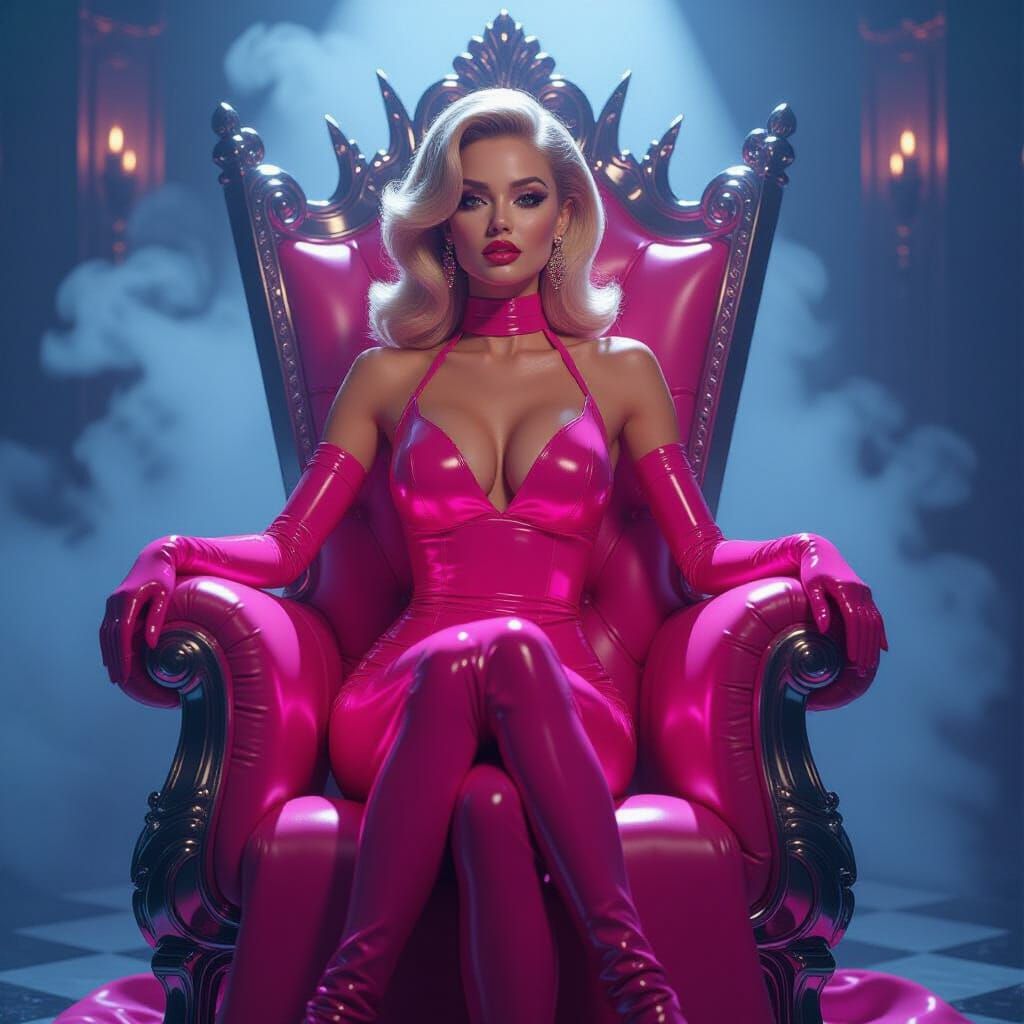 Pin-Up Woman in Pink Latex on Futuristic Throne