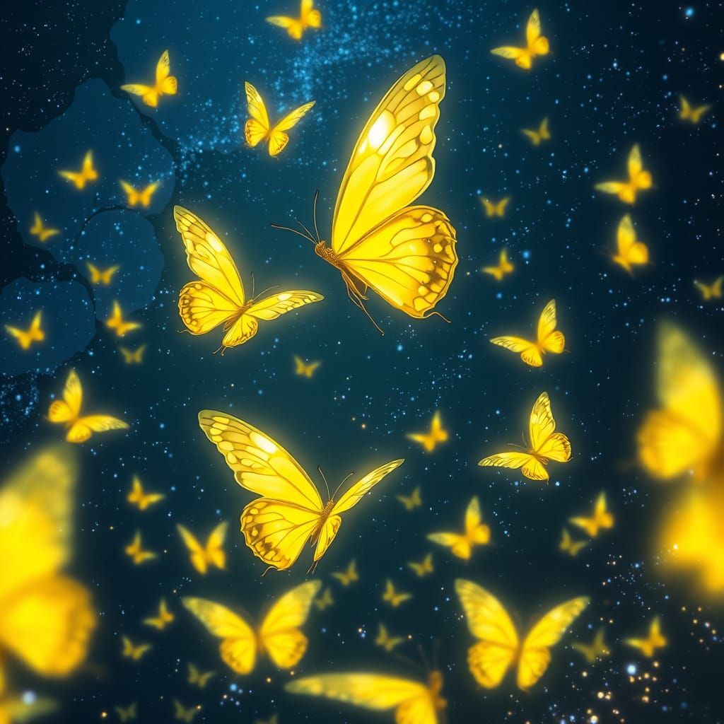 Ethereal Yellow Butterflies Dance in Starry Night Sky