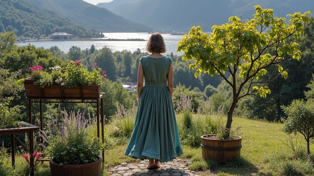 Brunette in Burgundy Dress Overlooking Canyon at Sunset