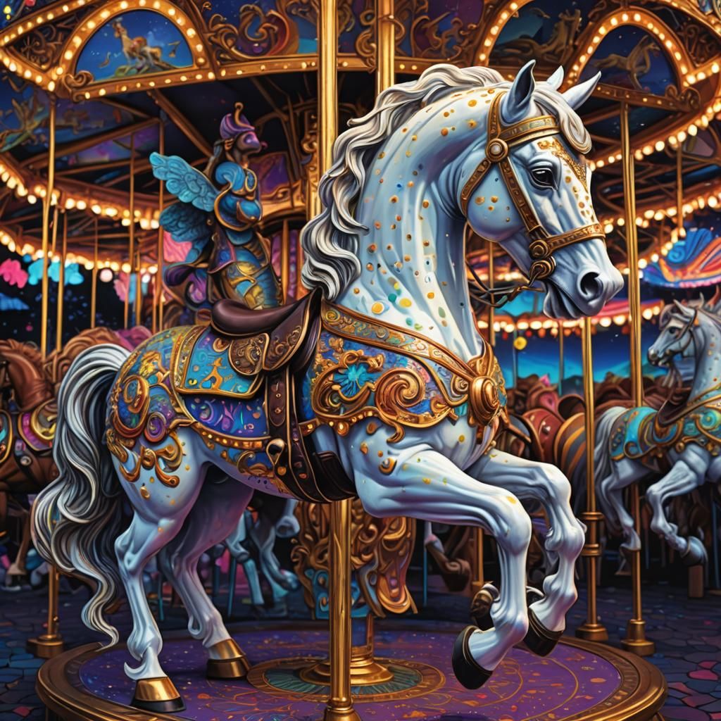 Ornate Carousel Horse in Pointillist Digital Painting