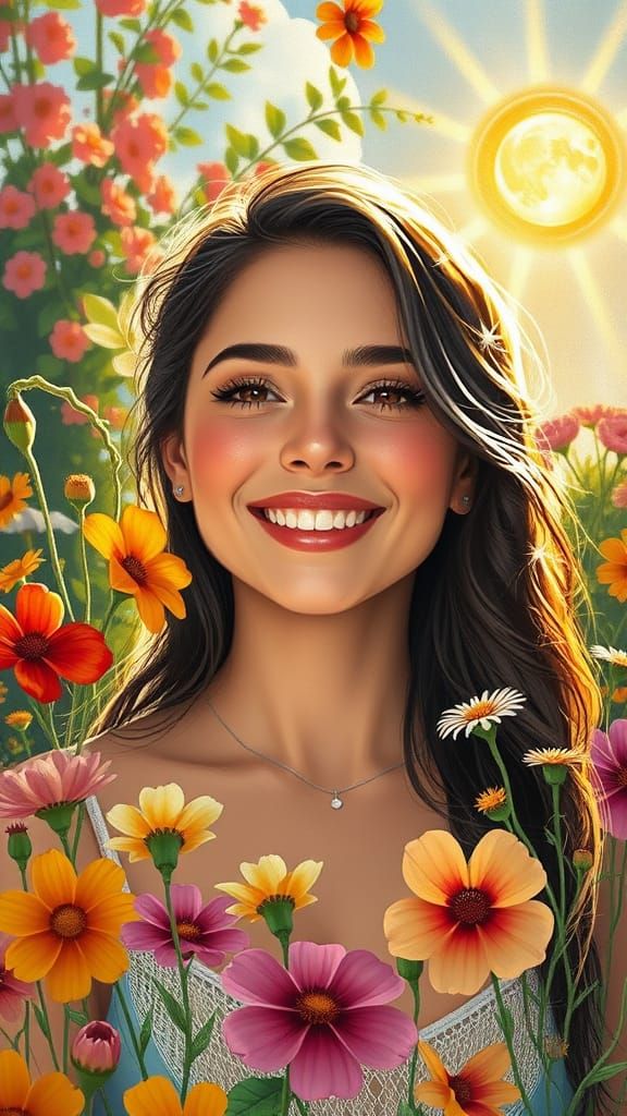 Whimsical Woman in Vibrant Floral Haven