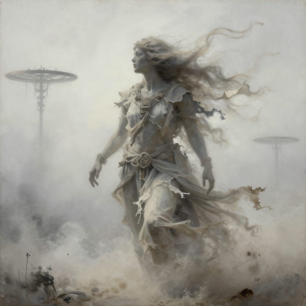 Ethereal Wind God in Misty Ritual Landscape