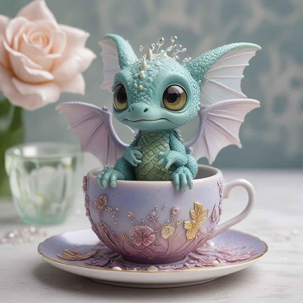 Realistic Kawaii Dragon in Teacup: 8K Rendering