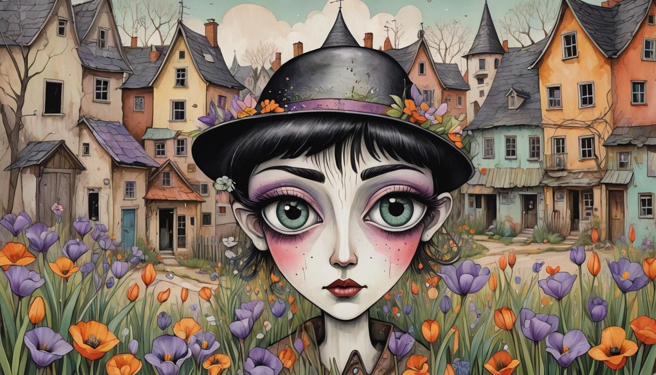 Whimsical Village with Surreal Eyes Illustration