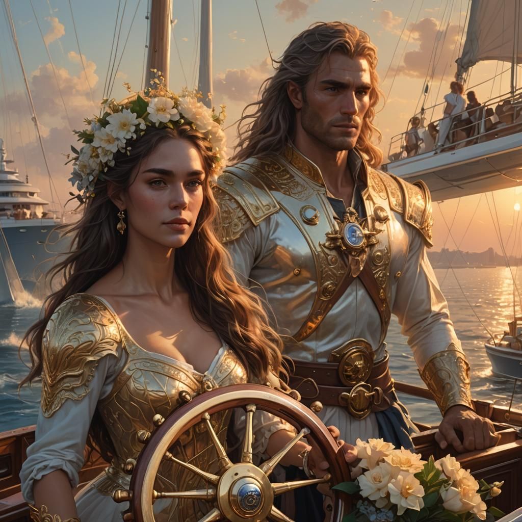 Centaur at Yacht Helm with Woman, Digital Painting