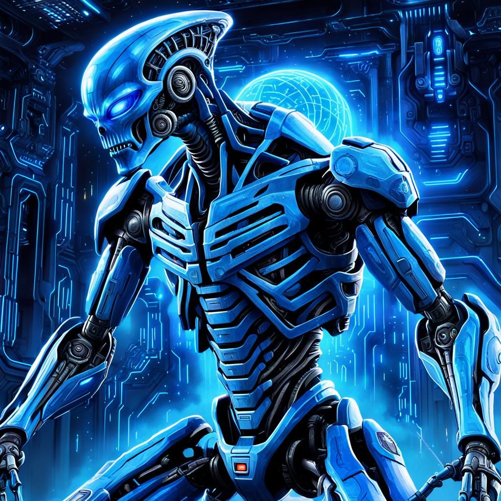 Blue Alien Mecha in Biomechanical Sci-Fi Art