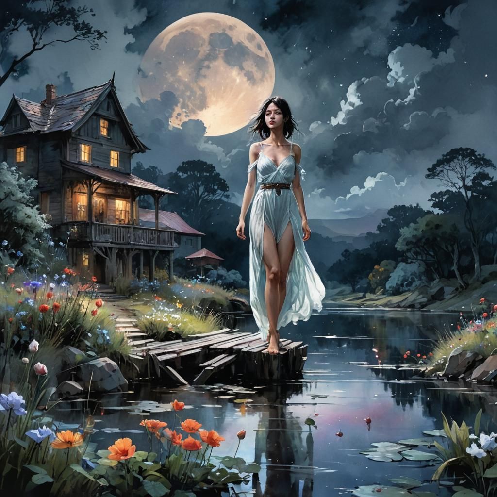 Dark Fantasy Landscape with Blood Moon, Watercolor Art