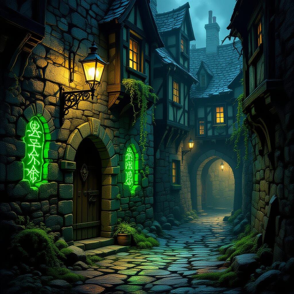 Gothic Alleyway with Glowing Runes to Hidden Tavern