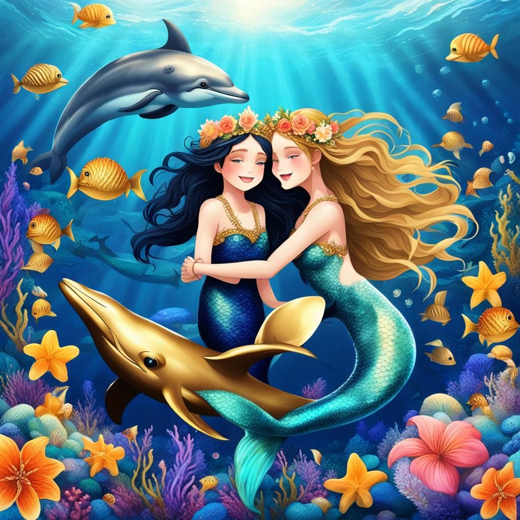 Beautiful Mermaid Playing with Dolphins in Deep Ocean