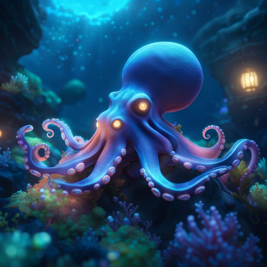 Bioluminescent Octopus in Coral Kingdom: Cinematic 3D Render