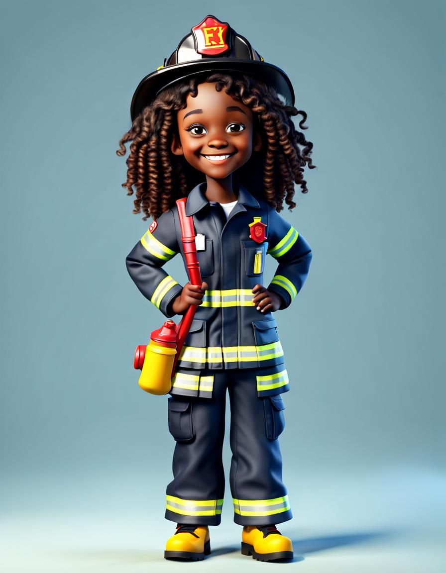 3D Cartoon: Black Firefighter Girl in Kindergarten