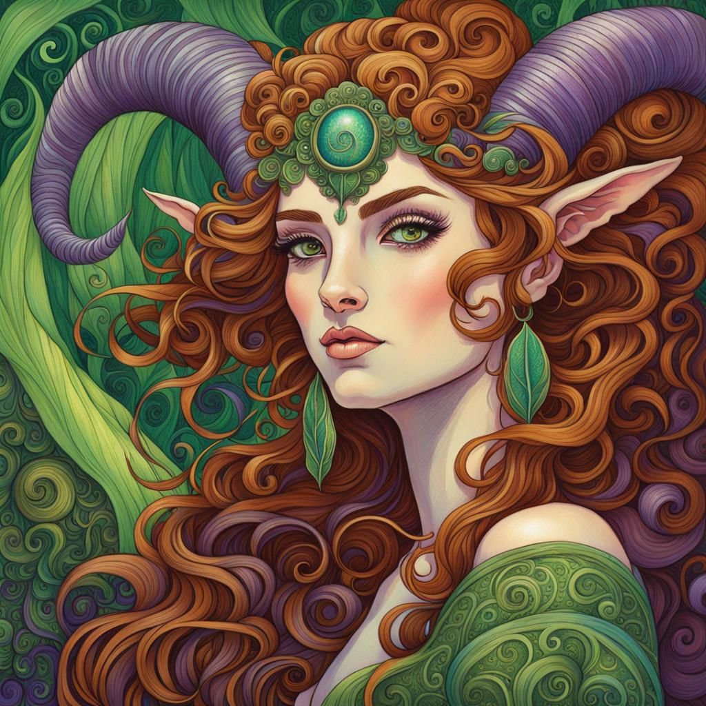 Fantasy Portrait with Ram's Horns in Splash Art Style