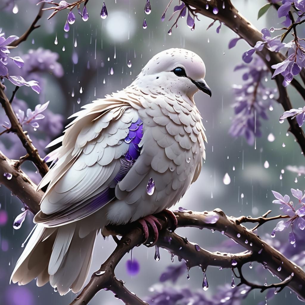 White Dove in Purple Rain: Anime-Style Close-Up