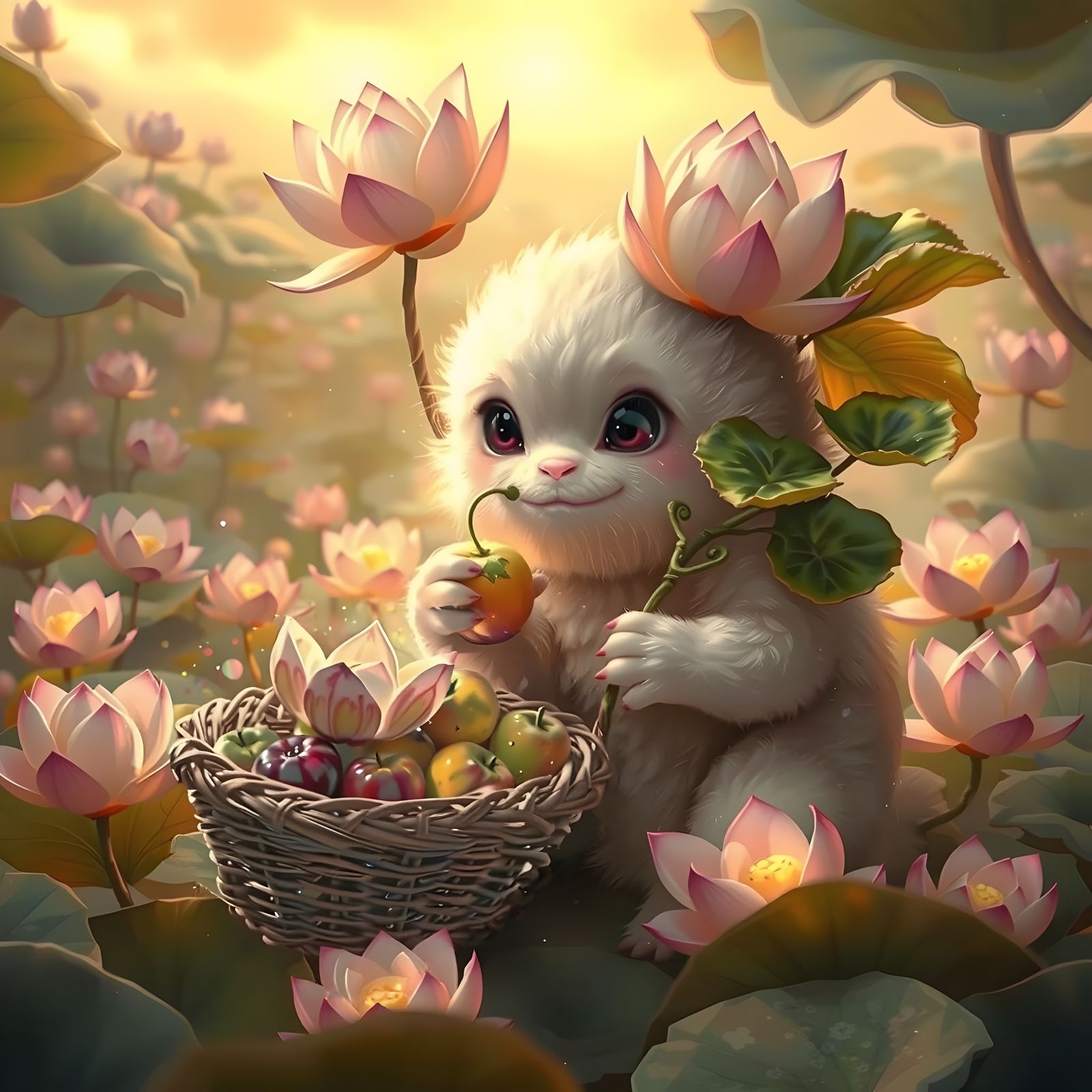 Whimsical Lotus Eaters Gather in Enchanted Garden Scene