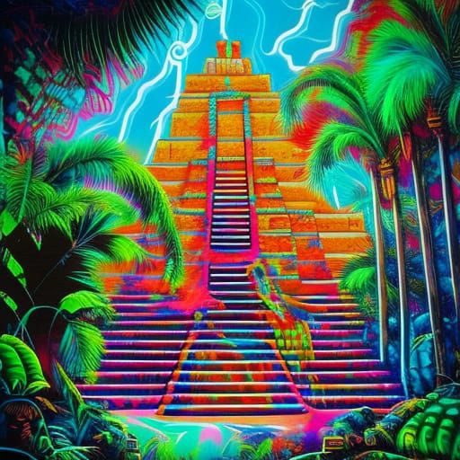 Mayan temple in the jungle graffiti art, splash art, street art, spray paint, oil gouache melting, acrylic, high contras...
