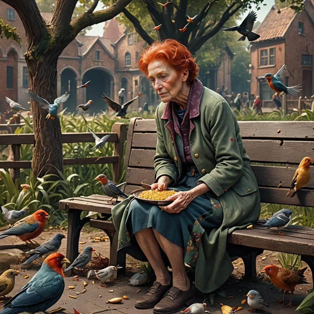 Red-Haired Woman Feeding Birds in Town Square