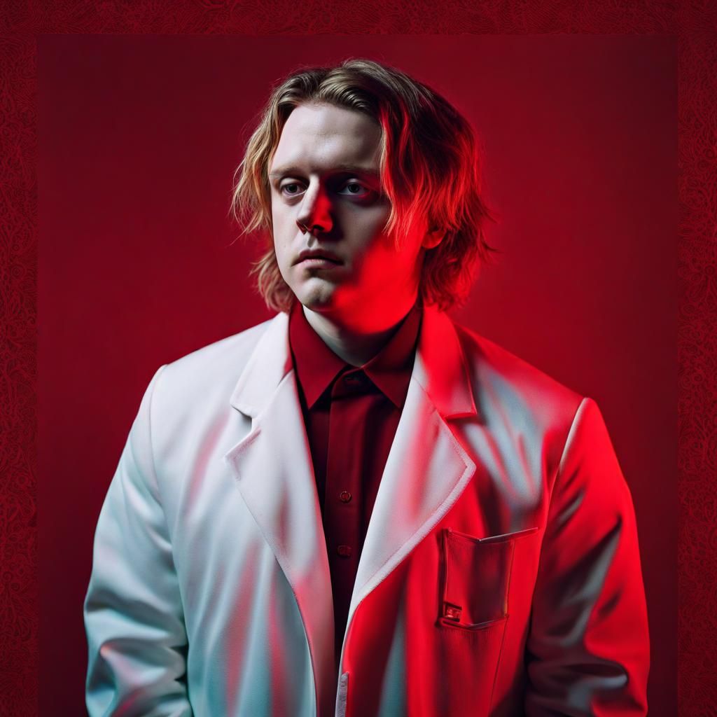 Hyperrealistic Lewis Capaldi Portrait with Red Backdrop
