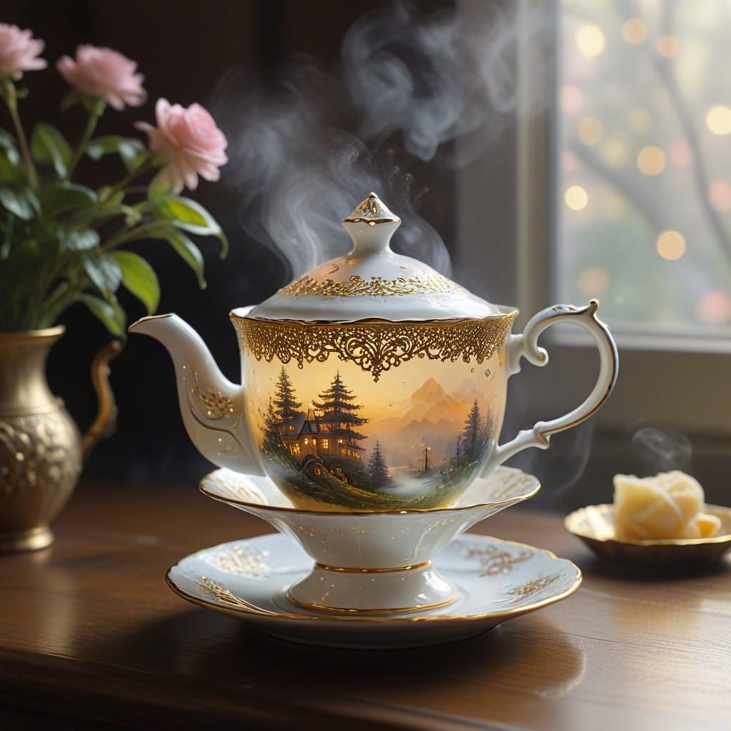 Whimsical Teacup Scene with Golden Filigree and Shimmering G...