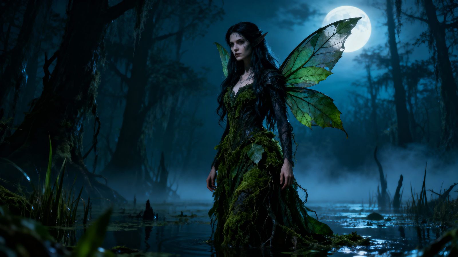 Dark Fairy in Misty Swamp Under Moonlight