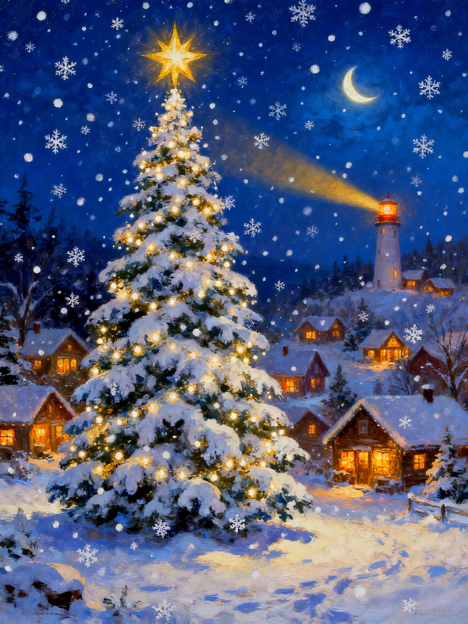 Cozy Christmas Village with Tall Tree and Lighthouse