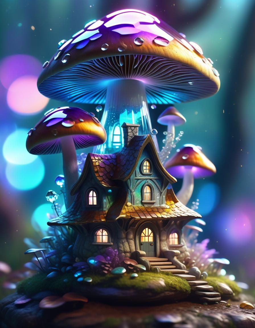 Ethereal Crystal Mushroom House: Fantasy Digital Art
