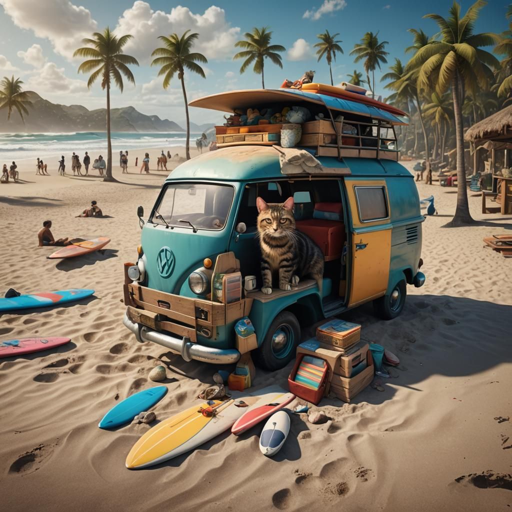 Beach Bum Cat Surfer in Detailed Matte Painting