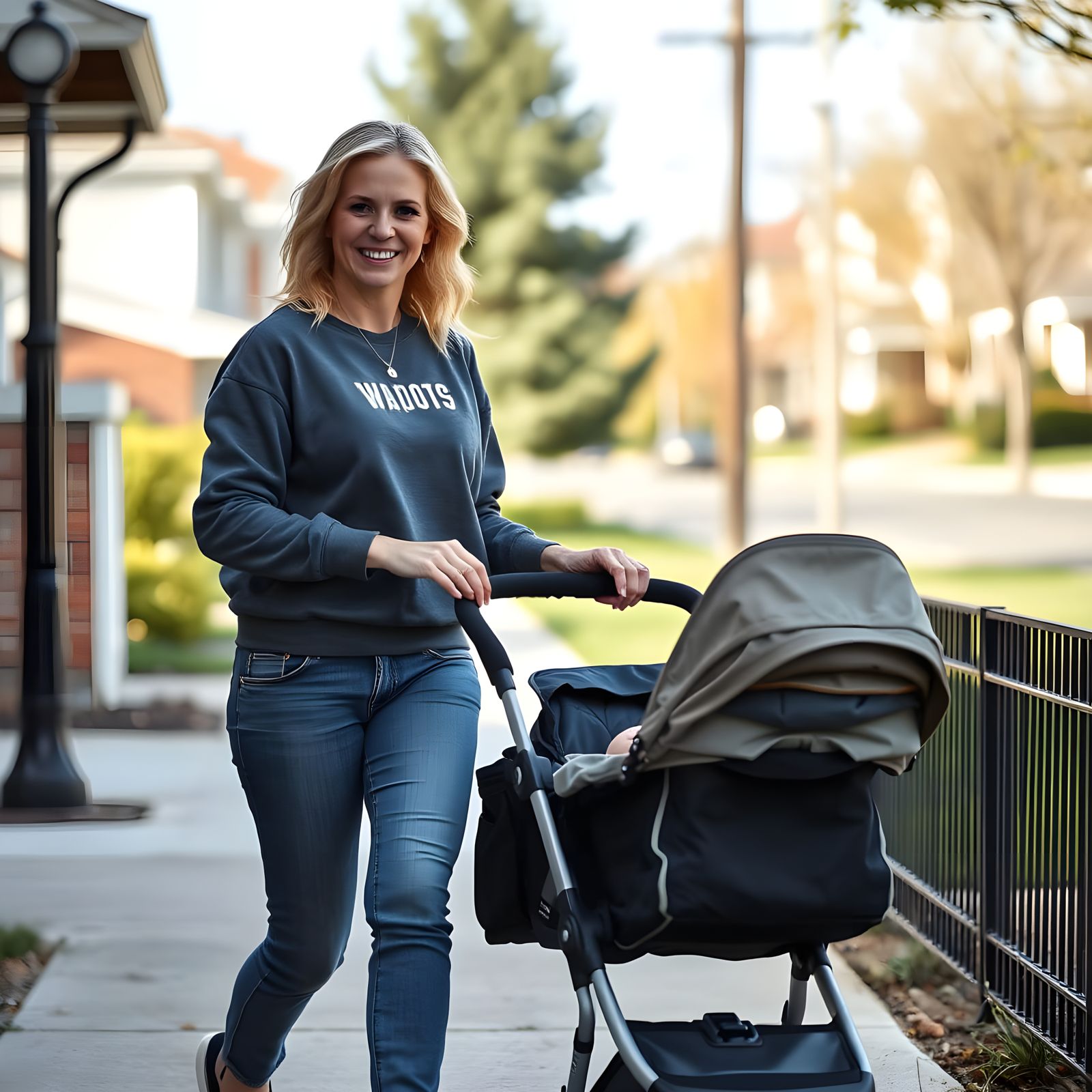 Intelligent Blonde Mother Strolls Down a Suburban Street