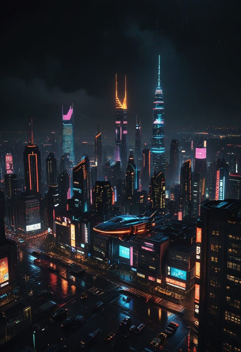 Cyberpunk Metropolis at Night with Neon Lights