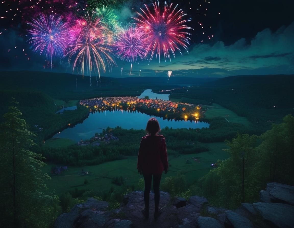 Night Fireworks Over Forest Villages