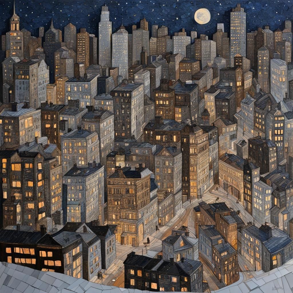 Night Cityscape Collage in 3D Paper Art Style