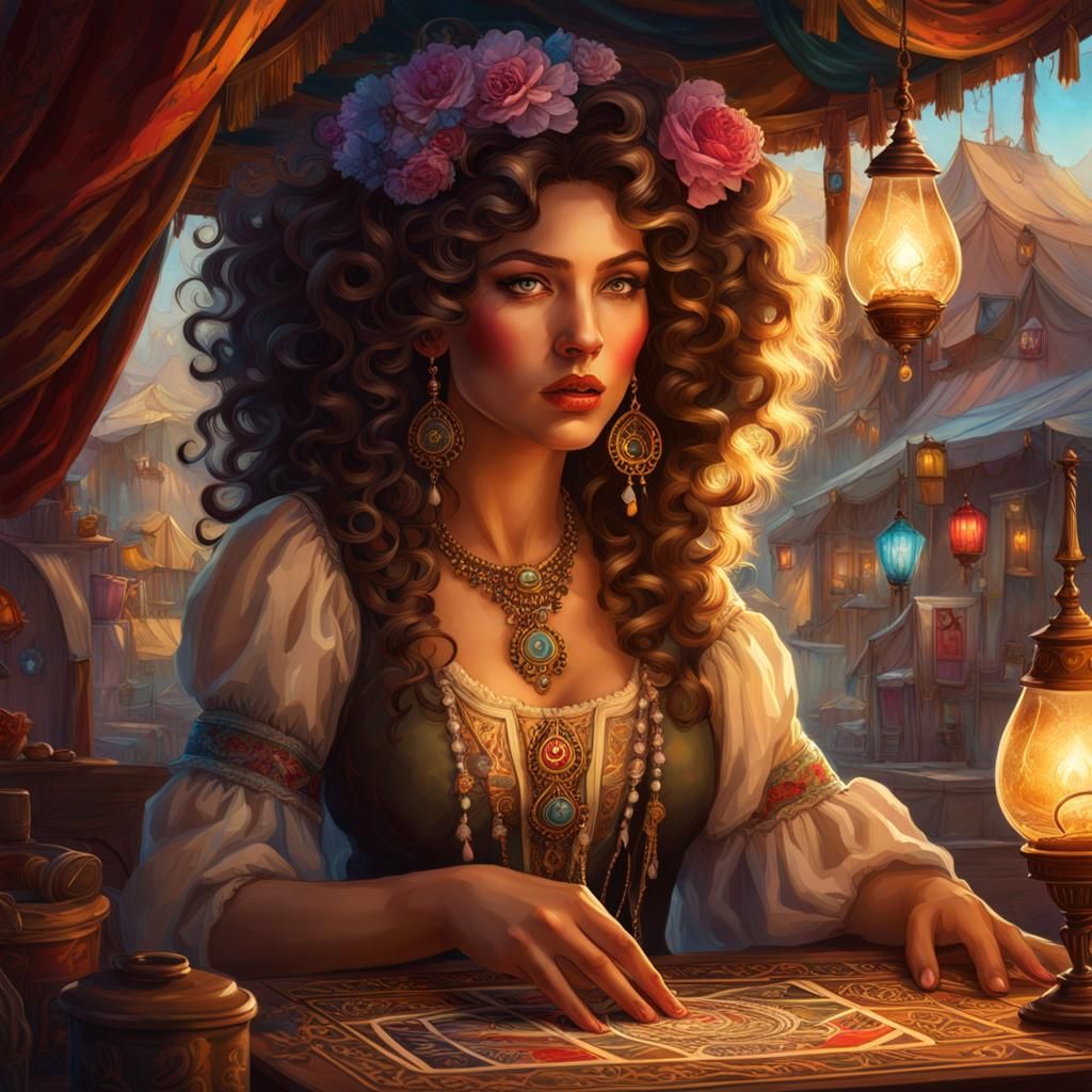 Tarot cards being read by curly hair gypsy with young lady looks surprised in gypsy caravan alcohol ink spatters head an...