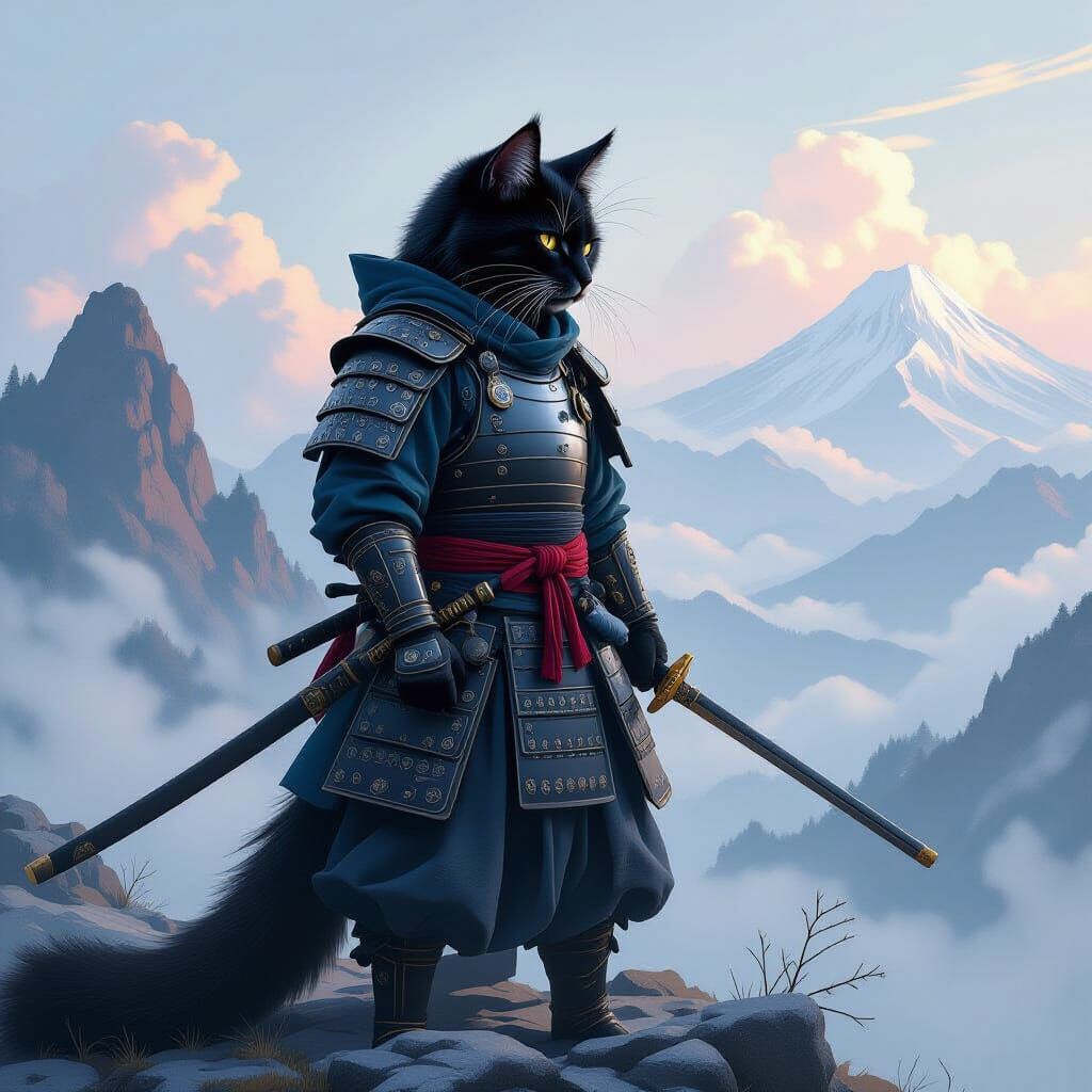 Shogun Warrior Cat on Windswept Mountain Peak