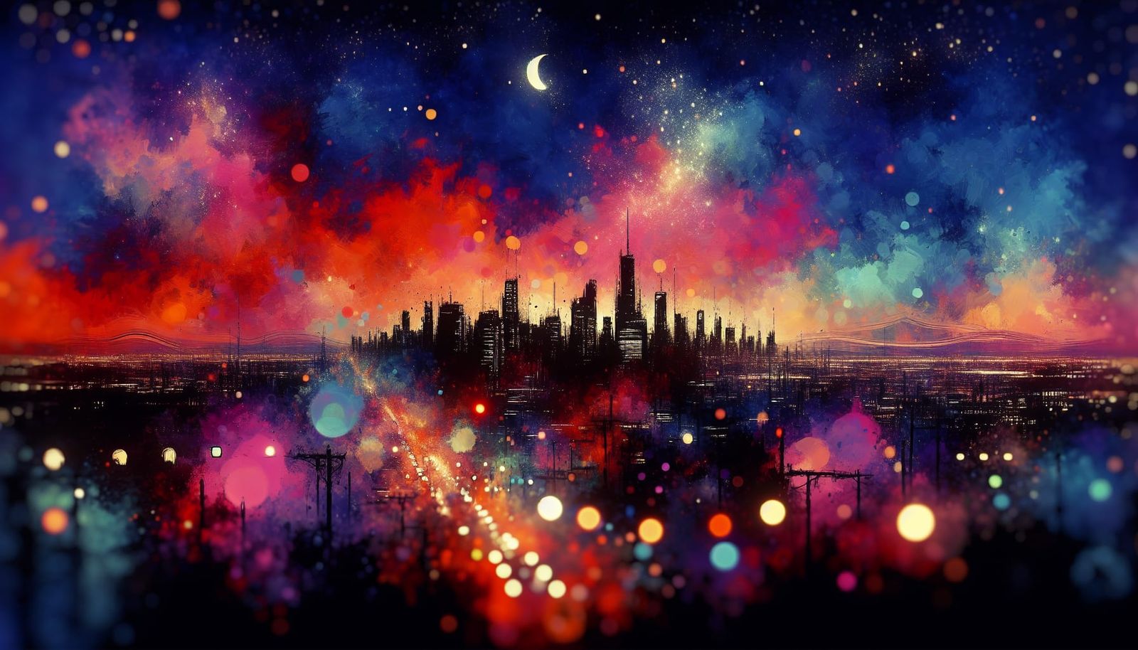 Utopian Cityscape at Dusk with Ink Splatter Effect