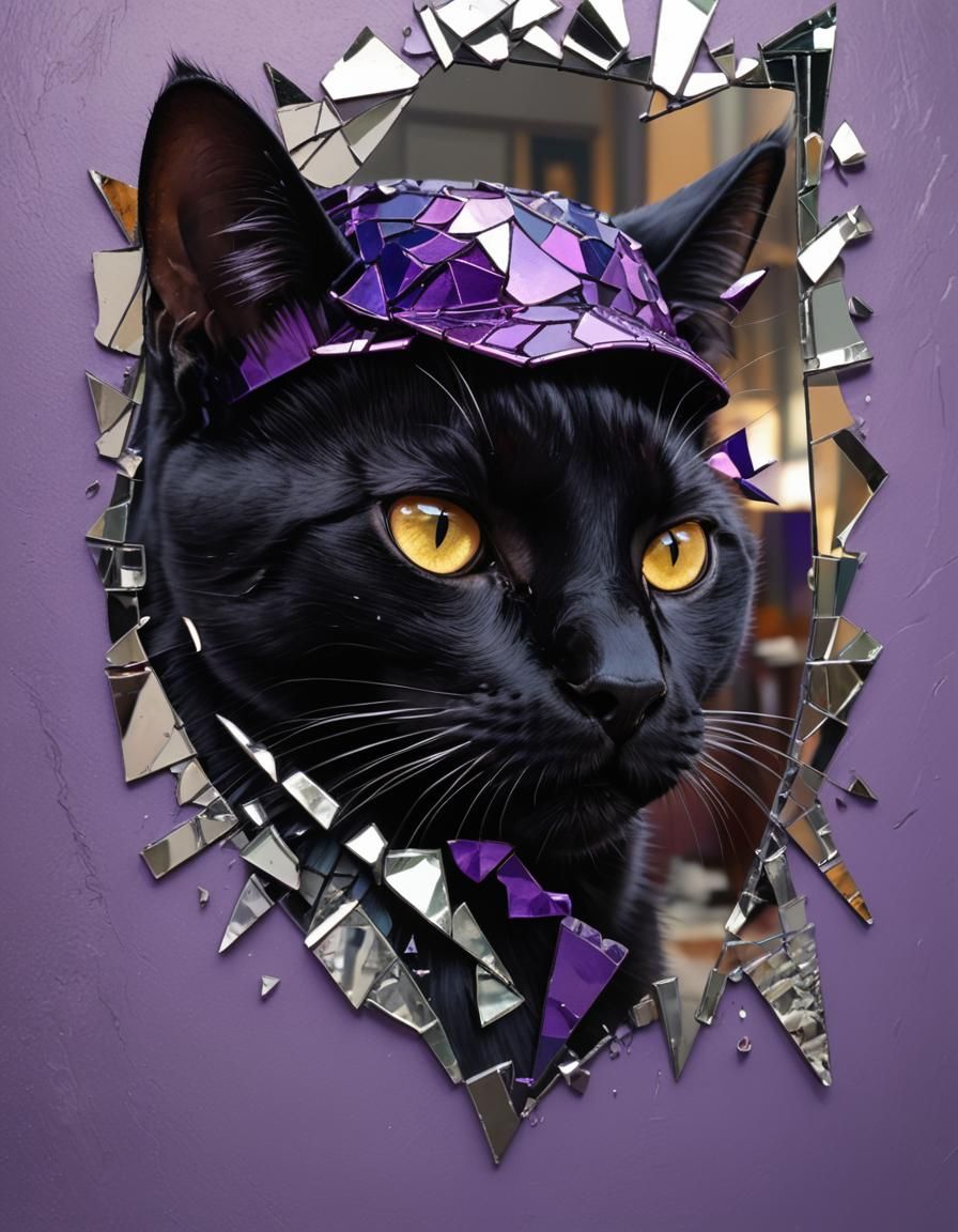 "a black cat with a purple hat on his head, in front of a br...