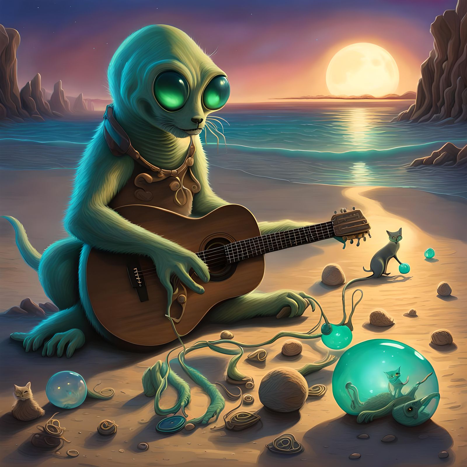 Surreal Alien Beachcomber with Cat and Kangaroo