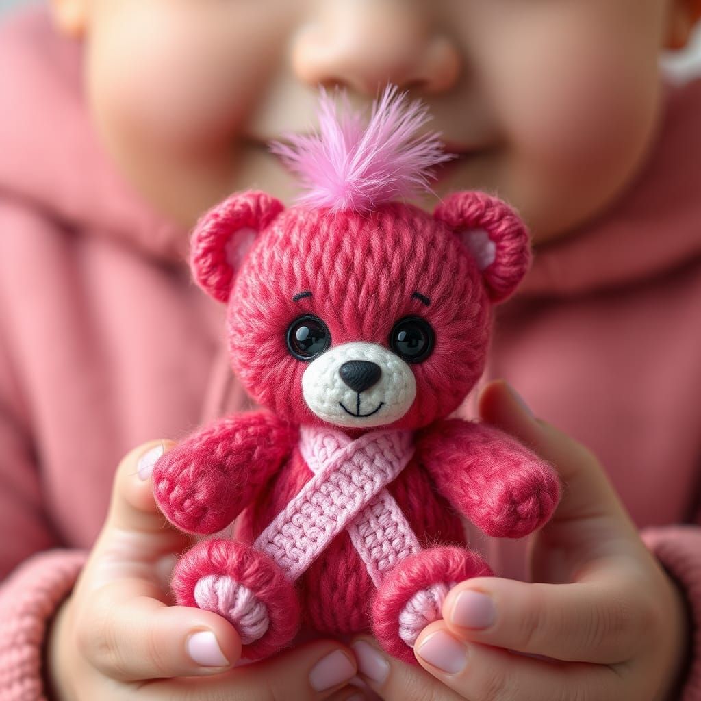 Child with Red Baby Bear in Whimsical Style