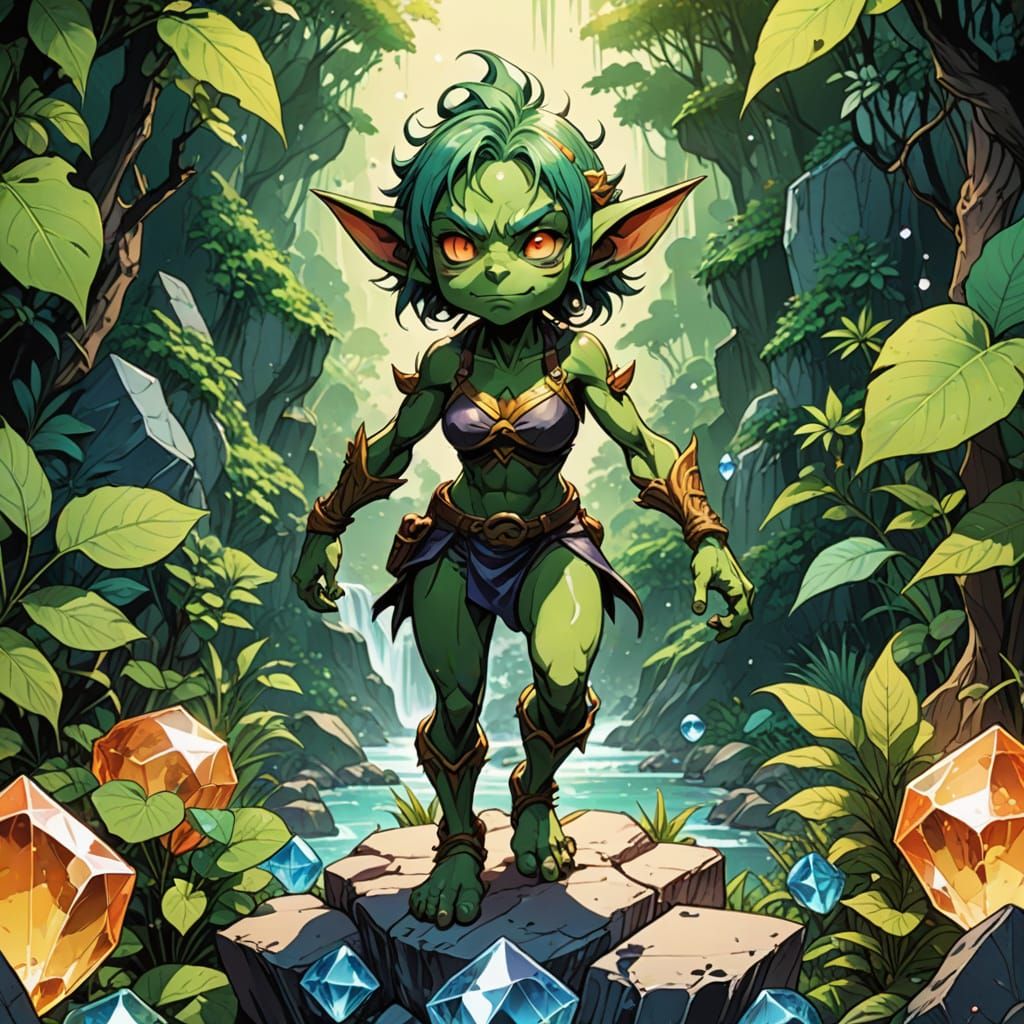 Anime Style Female Goblin in Calcite Bikini Amidst Lush Gree...