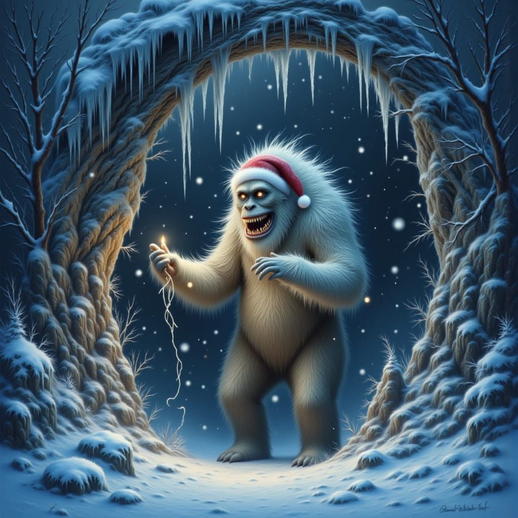Yeti Horror Decorates Icy Cave Entrance with Christmas Light...
