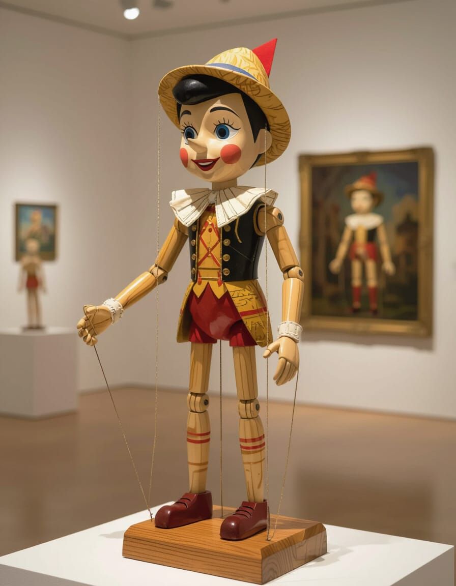 Hand-Carved Pinocchio Marionette in Art Gallery