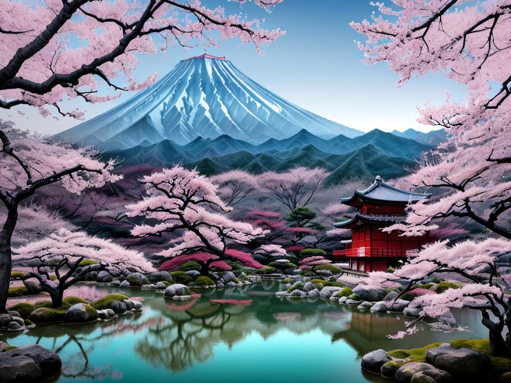 Japanese Sakura Garden with Mountains in Manga Style