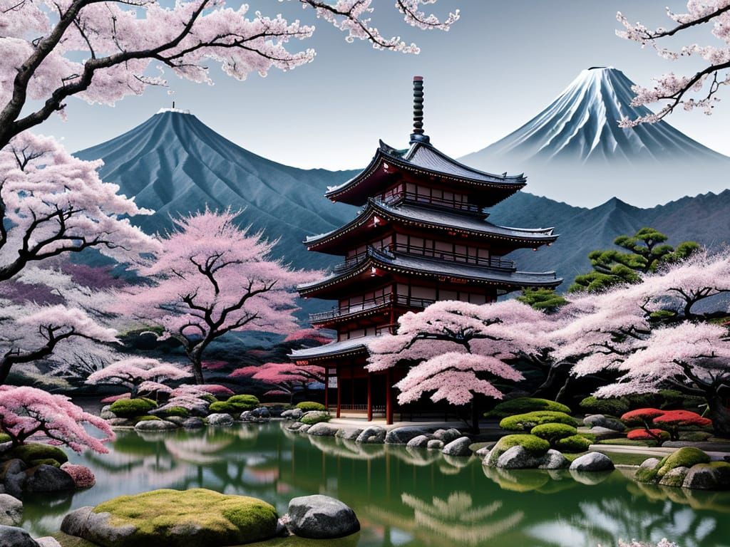 Japanese Sakura Garden Palace with Mountains in Manga Style