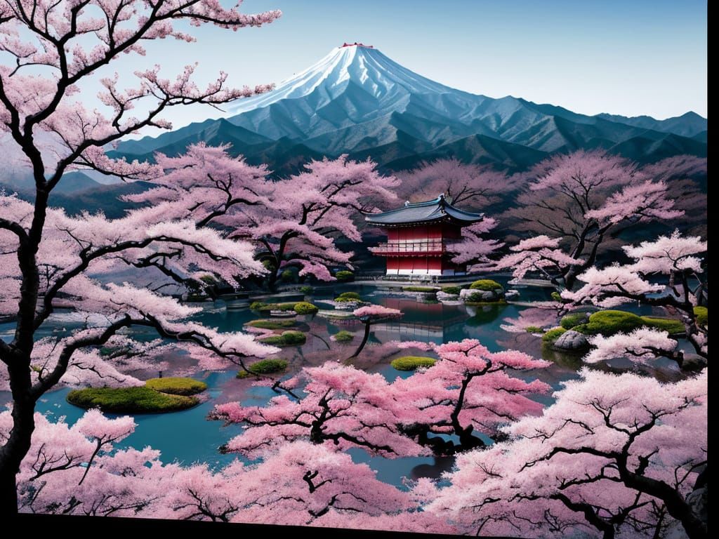 Japanese Sakura Garden Palace with Mountains in Manga Style